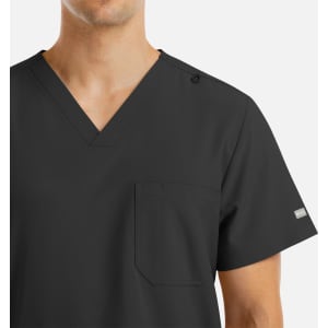 A men's black V-neck top featuring four pockets and a logo on the sleeve.
