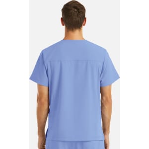 A men's V-neck top in light blue, featuring a simple design and a logo on the back.