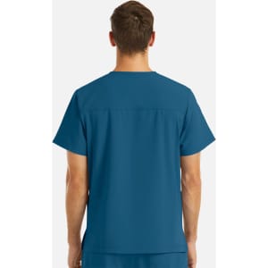 A teal V-neck top with a four-pocket design, displayed from the back. The top features a logo.