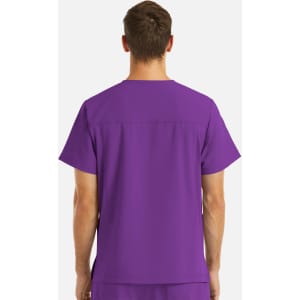 A purple men's V-neck top featuring four pockets, showcasing a back view of the garment.