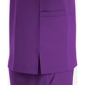 A purple V-neck top featuring four pockets and side slits at the hem. The design is simple and functional.