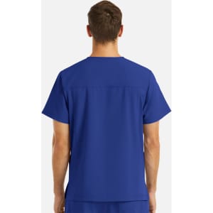 A men's V-neck top in royal blue with four pockets, featuring a plain back design and a logo.