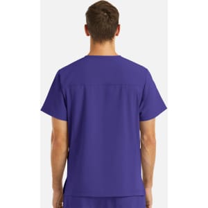 A men's V-neck top in a vibrant purple colour with a simple design and back yoke. Features four pockets.