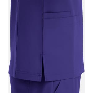 A purple v-neck top featuring four pockets and side slits for ease of movement. It has a logo on the design.