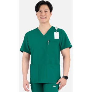 A green men's V-neck top featuring four pockets, designed for professional use. It has a logo on the garment.