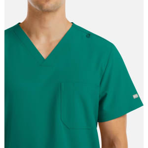 A men's V-neck top in a vibrant teal colour, featuring four pockets and a logo on the shoulder.