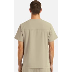 A men's V-neck top in khaki with four pockets and a branding logo on the back.