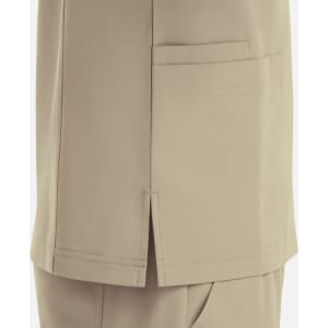 A beige V-neck top featuring four pockets, with a side slit detail and a logo present.