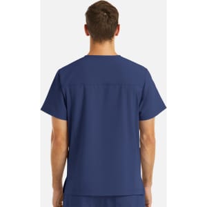 A men's navy V-neck top with four pockets, featuring a simple design and no visible logos.