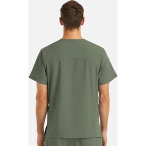 A men's V-neck top in olive green with four pockets, featuring a logo.