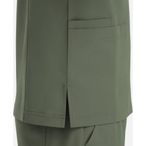A green V-neck top featuring four pockets, with a side slits detail for added style.