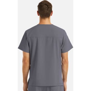 A men's V-neck top in grey with four pockets, featuring a logo on the back.
