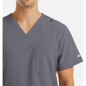 A grey V-neck top with four pockets and a logo, designed for men's wear.