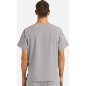 A grey V-neck top with four pockets, featuring a back yoke detail and a logo.