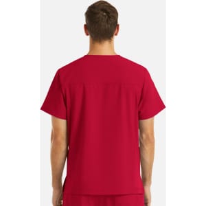 A men's red V-neck top featuring four pockets and a back view. Includes a logo.