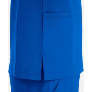 A bright blue V-neck top featuring four pockets and a side slit. It has a logo on the fabric.