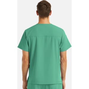 A green V-neck top with four pockets, featuring a logo, viewed from the back.