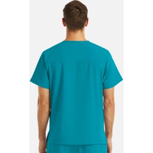 A men's V-neck top in a vibrant teal colour features four pockets and a simple design, shown from the back.