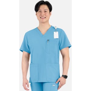 A men's v-neck top in light blue, featuring four pockets and a logo.