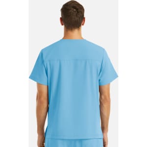 A men's V-neck top in blue with four pockets and a logo, viewed from the back.