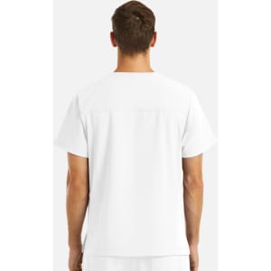 A white V-neck top featuring four pockets, designed for men's wear, with a simple back view.