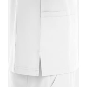 A white V-neck top featuring four pockets and side slits. The design includes minimal seams and stitching details.