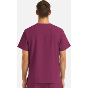 A men's v-neck top in plum with four pockets, featuring a plain back design and a logo.