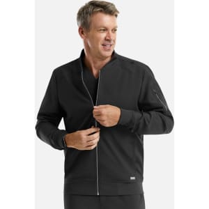 A men's full zip bomber jacket in black, featuring a zipper closure and a side pocket. Includes a logo.