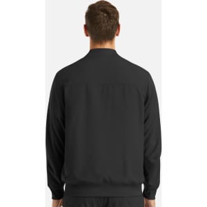 A men's full zip bomber jacket in black, featuring a simple back design and elastic cuffs. Includes branding.