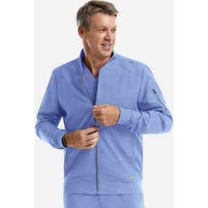 A full zip bomber jacket in light blue, featuring a zippered front and a logo on the sleeve.