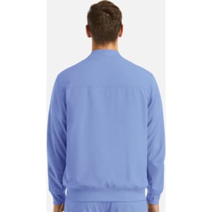 A blue full zip bomber jacket for men, featuring a simple design and a logo on the back.