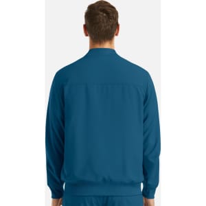 A full zip bomber jacket in a solid teal colour, viewed from the back. The jacket features a collar and elastic cuffs.