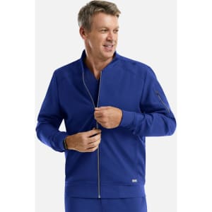 A men's full zip bomber jacket in a vibrant blue colour, featuring a zippered pocket and a logo.