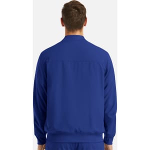 A men's full zip bomber jacket in vibrant blue with a simple design and no visible logos.