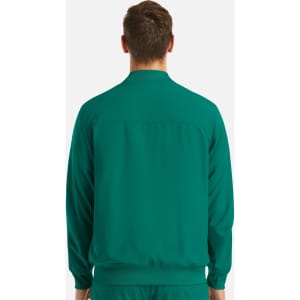 A men's full zip bomber jacket in a vibrant teal colour, featuring a subtle logo on the back.