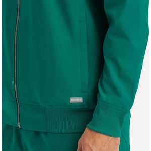A green full zip bomber jacket with a ribbed collar and cuffs, featuring a small logo on the side.