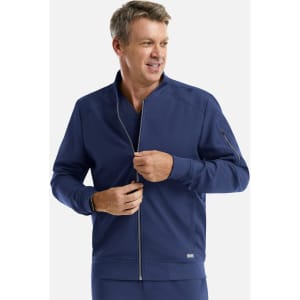 A men's full zip bomber jacket in navy blue, featuring a zippered pocket and a logo on the jacket.