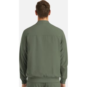 A mens full zip bomber jacket in olive green, featuring a simple design and a branded logo on the back.