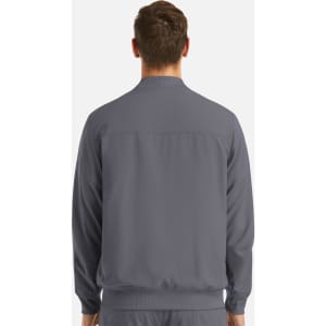 A grey men's bomber jacket featuring a full zip and a collar, shown from the back. It has a logo on it.