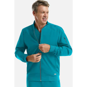 A man wearing a bright turquoise full zip bomber jacket with a zippered pocket and a logo.
