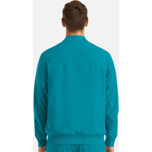 A men's full zip bomber jacket in a vibrant teal colour, featuring a simple design and a logo on the back.