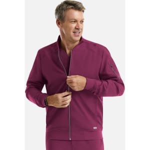 A maroon full zip bomber jacket with a collar and zippered pocket, featuring a discreet logo.