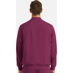 A men's full zip bomber jacket in a deep burgundy colour, featuring a logo on the back.