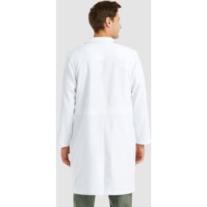 A white, full-length lab coat designed for men, featuring a standard collar and a simple back design.