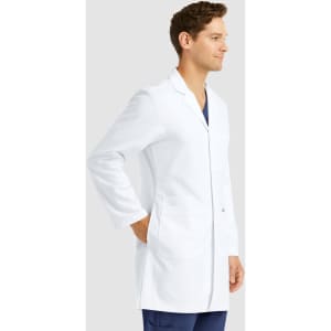A mid-length white lab coat with two front pockets, worn by a male model. The coat has a simple, professional design.