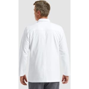 A white men's consultation lab coat with long sleeves, featuring a back view and a logo.