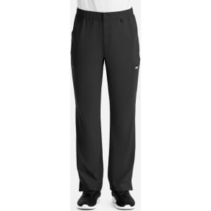 Black cargo pants with a fly front design, featuring side pockets and an elastic waistband. Includes branding logo.