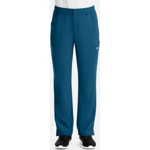 A pair of men's cargo pants in teal, featuring a fly front, side pockets, and a branding logo.
