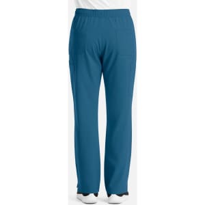 A pair of men's cargo pants in blue with a fly front and elastic waistband, featuring multiple pockets.