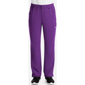 A pair of purple cargo pants with an elastic waistband and multiple pockets, featuring a logo.